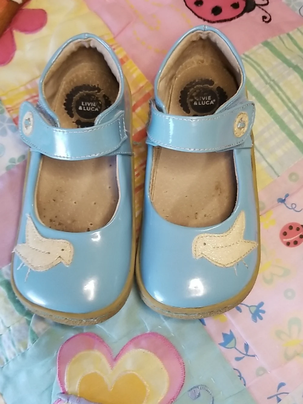 Livie & Luca Light Blue Patent Leather Mary Jane W/Glitter Bird Size 11 Pio Pio